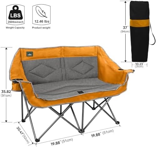Northroad Folding Loveseat Camping Chair Portable Double Duo Full Padded Garden Sofa Chair for 2 Person w/ 2 Cup Holder,Wine Glass Holder,Support 600lbs for Outdoor Travel (Orange)