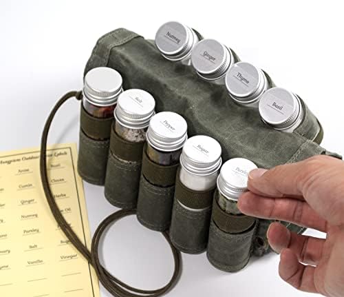 Camping Spice Kit, 9 Jars with Labels & Funnel (MILITARY GREEN)