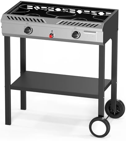 Bonnlo 2 Burner Propane Gas Stove with Auto Ignition, 150,000 BTU Portable Outdoor Camp Cooker Stove with Convenient Shelf & Smooth Rolling Wheels for Backyard, Camping, Tailgating, Patio Parties
