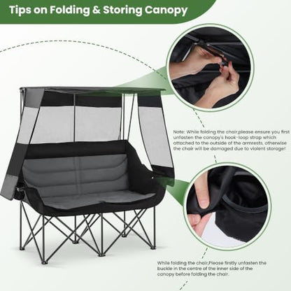 Asrug Padded Double Camping Chair with Canopy 2 Person Folding Camping Chair Loveseat with Cup Holders and Side Pockets Heavy Duty Camping Couch for Outdoor Beach 650lbs Support (Black & Dark Gray)