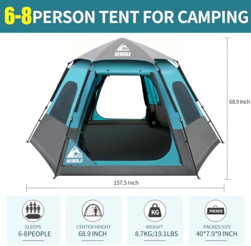 Hewolf 2/3/4 Person Camping Tent - Instant Pop Up Waterproof 2 Doors Tent with Easy Setup | 3-Season Hexagonal Dome Design for Family, Hiking & Traveling