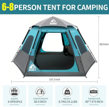 Hewolf 2/3/4 Person Camping Tent - Instant Pop Up Waterproof 2 Doors Tent with Easy Setup | 3-Season Hexagonal Dome Design for Family, Hiking & Traveling