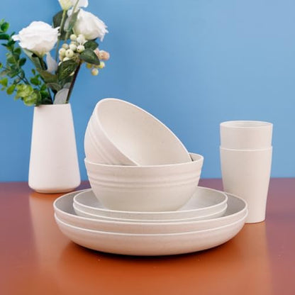 Supernal 24-Piece Beige Wheat Straw Dinnerware Set Unbreakable Plates