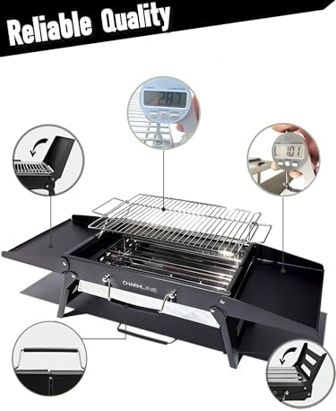 Charmline 15x11 inches Portable Charcoal Grill, Compact Portable BBQ Grill, Tabletop Charcoal Grills for Camping, Picnics, Gardens and Beach Parties, Black