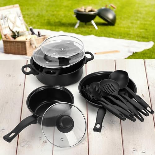 Non-Stick Cookware Set, Portable Lightweight Cast Iron Pots and Pans with Glass Lids and Nylon Utensils for Outdoor Camping Picnic Travel