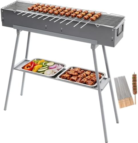 Portable Charcoal Grill with 12PCS 23" Wooden Handle Skewers, Heavy Duty BBQ Grill with Folding Legs and 31.6x7.1" Cooking Area, Kebab Grill for Outdoor Backyard Picnic Camping Party