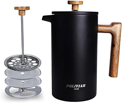 POLIVIAR French Press Coffee Maker, 34 Ounce Coffee Press with Real Wood Handle, Double Wall Insulation & Dual- Filter Screen, Food Grade Stainless Steel for Good Coffee and Tea (Vintage)