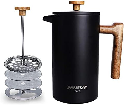 POLIVIAR French Press Coffee Maker, 34 Ounce Coffee Press with Real Wood Handle, Double Wall Insulation & Dual- Filter Screen, Food Grade Stainless Steel for Good Coffee and Tea (Vintage)