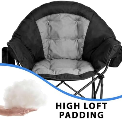 Romswi Oversized XXL Padded Camping Chairs for Adults, 1Pcs 500lbs Heavy Duty Support, 500G Ultra-Thick Cushion Sofa-Like Comfort, Folding Lawn Chair with Cooler Bag & Side Pockets, Black