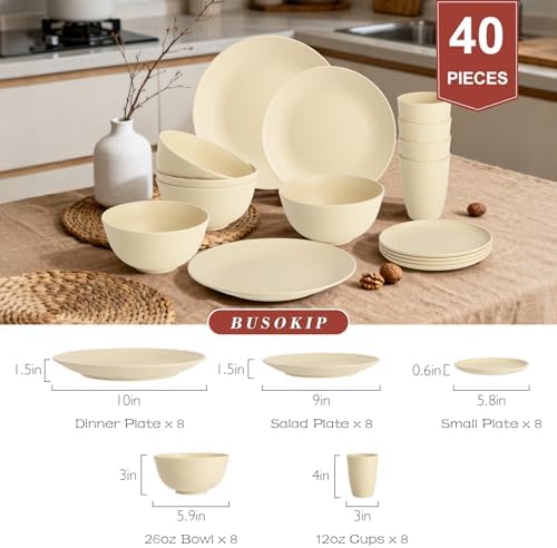 40 PCS Plastic Plates and Bowls Sets, Dishware Set for 8 - Beige