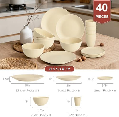 40 PCS Plastic Plates and Bowls Sets, Dishware Set for 8 - Beige