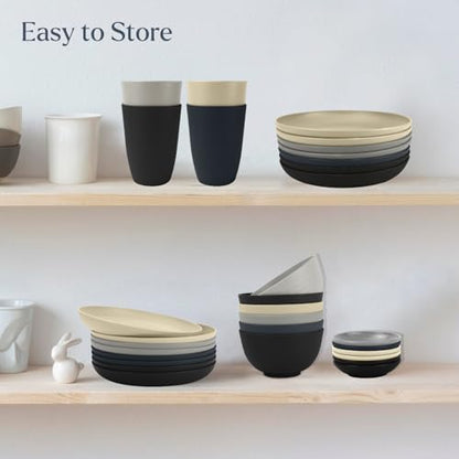 Wrova Wheat straw plates and bowls sets of 16 - Unbreakable wheat straw dinnerware sets for camping - Dishwasher safe and Freezer safe Dishes. Black & Grey