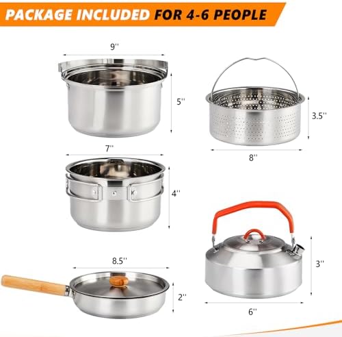 Bonnlo Camping Cookware Set, Lightweight Stainless Steel Nesting Cooking Mess Kit with Carrying Bag for 4-6 Campfire Cooking,Camp Kitchen, Outdoor