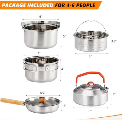 Bonnlo Camping Cookware Set, Lightweight Stainless Steel Nesting Cooking Mess Kit with Carrying Bag for 4-6 Campfire Cooking,Camp Kitchen, Outdoor