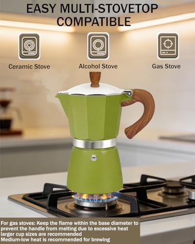 Coffee Maker Stovetop Espresso Maker 6 Cup Aluminum Moka Pot Percolator 10oz 300ml Easy Brewing for Electric Ceramic Stoves Home Camping Italian Cuban Café Classic Green