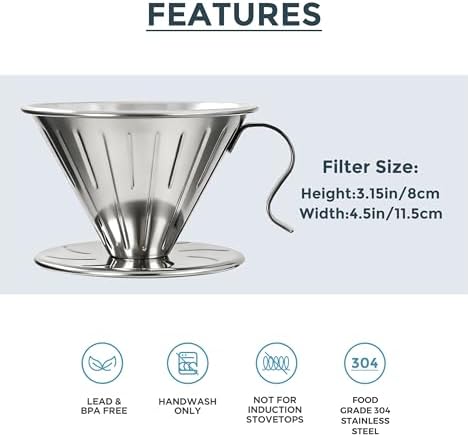 AGOGO Stainless Steel V60 Coffee Dripper & 50 Paper Filters, Sliver