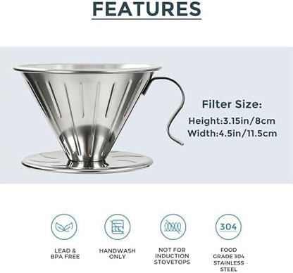 AGOGO Stainless Steel V60 Coffee Dripper & 50 Paper Filters, Sliver