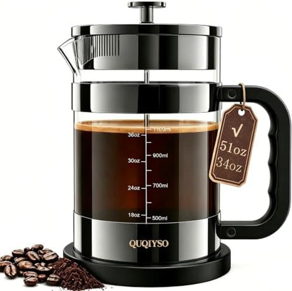 QUQIYSO French Press Coffee Maker 51oz, Large French Press, Thickened Glass