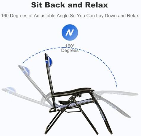 Nazhura Set of 2 Relaxing Recliners Patio Chairs Adjustable Steel Mesh Zero Gravity Lounge Chair Beach Chairs with Pillow and Cup Holder (Navy Blue Stripe)