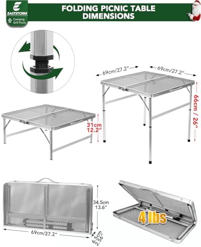 Square Folding Card Table with Adjustable Height (12" & 26"), Silver Portable Metal Mesh Table for Camping, BBQ, Picnic, Game, Patio & Indoor Use, Fits 2–4 People, Lightweight 7.6 lb, Supports 66 lb