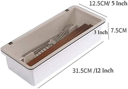 Large Flatware Tray Kitchen Drawer Organizer With Lid And Drainer - Plastic Kitchen Cutlery Tray and Utensil Storage Container with Cover - Dinnerware Holder White