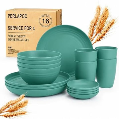 Unbreakable Wheat Straw Dinnerware Set 16 PCS - Plates and Bowls Set for 4,Dishwasher & Microwave Safe Lightweight Plates and Bowls Set for Party Camping Kitchen - Green