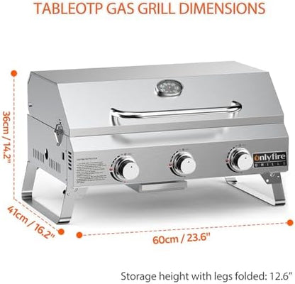 ONLYFIRE GRILLS Tabletop Gas Grill 3-Burner, Portable Propane BBQ Grill