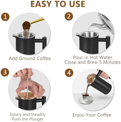 Black Stainless Steel French Press Coffee Maker, Double Wall Insulated French Press,for Coffee&Tea,with 3 Extra Screens and a Coffee Spoon,34oz/1000ml,Gold