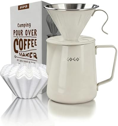 AGOGO Stainless Pour Over Coffee Maker Set, 50 Paper Filters, 30oz, Cream
