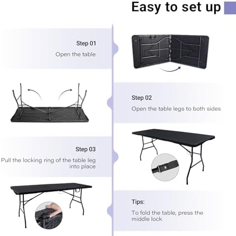 Folding Table 6ft, Heavy Duty Plastic Fold-in-Half Utility Table, Black