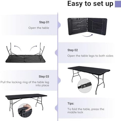 Folding Table 6ft, Heavy Duty Plastic Fold-in-Half Utility Table, Black