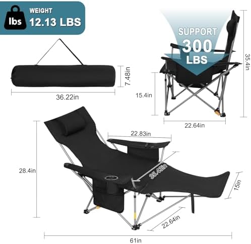 Romswi 2Pack 4-Position Reclining Camping Chair with Removable Footrest, 2-in-1 Adjustable Portable Lounge Chair with Cooler Bag, Cup Holder, Side Pockets & Carry Bag for Outdoor, Black