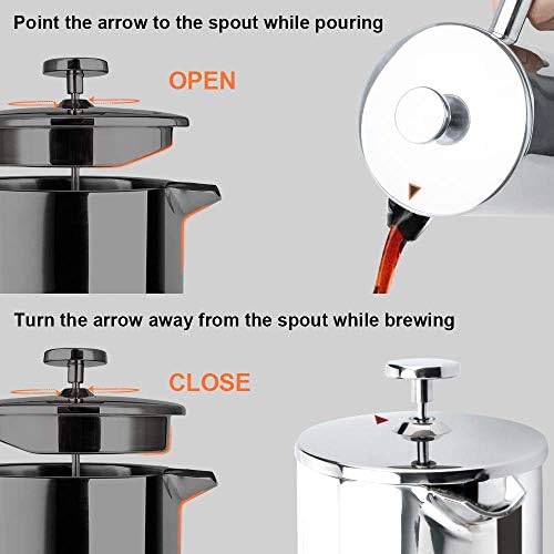 Secura French Press Coffee Maker, 304 Grade Stainless Steel Insulated Coffee Press with 2 Extra Screens, 50oz (1.5 Litre), Silver (Pack of 2)