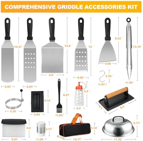 Terlulu Griddle Accessories Kit, 28 PCS Flat Top Grill Accessories for Blackstone and Camp Chef, Metal Spatula Set with Burger Press, Melting Dome, Tongs, Scraper, Carry Bag for Outdoor Grilling BBQ