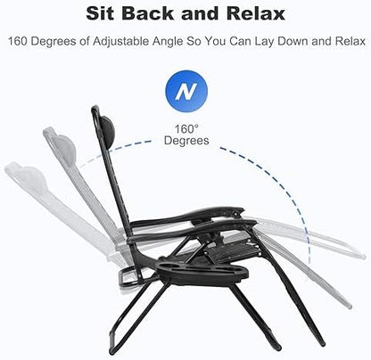 Nazhura Set of 2 Relaxing Recliners Patio Chairs Adjustable Steel Mesh Zero Gravity Lounge Chair Beach Chairs with Pillow and Cup Holder Black