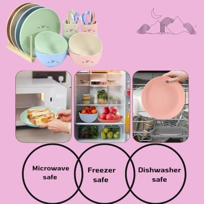 24 Pcs Wheat Straw Dinnerware Sets for 4-Unbreakable Reusable Plates and Bowls Sets Lightweight BPA Free,Microwave Safe,RV Camping Colourful cups Dishes for Dessert with Knife Fork