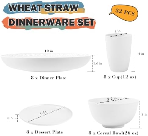 Wheat Straw Dinnerware Sets Service for 8, 32 Piece Plates and Bowls Sets, Microwave & Dishwasher Safe Dishes, Perfect for Kitchen Camping Picnic RV Dorm - White