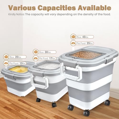 Komzon Rice Storage Container 20-30 lb, 17 lb Pet Dog Food Storage Container, Collapsible Food Storage Containers, Rice Dispenser Bin with Cup and Scoop for Flour Cereal Pasta Grain, Cat Bird Food