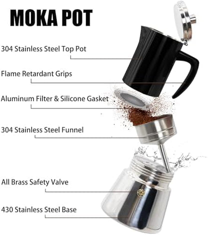 4 Cup Thickened 304 Stainless Steel Moka Pot Stovetop Espresso Maker Cafeteras Italian Percolator Espress Makers Capable Greca Mocha Coffee Machine for Induction Home and Camping 200ml 6.6oz