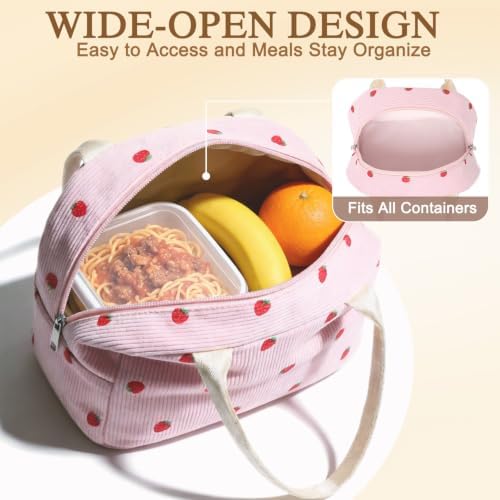 FlowFly Insulated Lunch Bag for Women – Corduroy Lunch Tote Box, Cute Cooler Bag for Work, Travel, Picnic,Corduroy Strawberries Pink