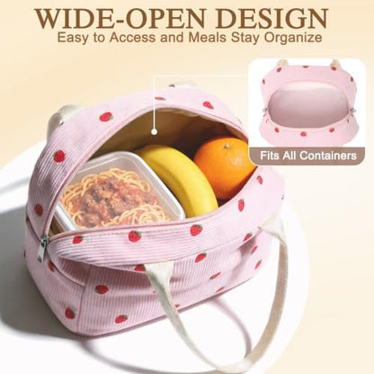 FlowFly Insulated Lunch Bag for Women – Corduroy Lunch Tote Box, Cute Cooler Bag for Work, Travel, Picnic,Corduroy Strawberries Pink