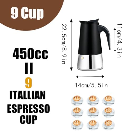 9 Cup Stovetop Espresso Maker Stainless Steel Moka Pot Stove Top Percolator Italian Coffee Makers Capable Mocha Greca Machine Cafe Classic Induction Cookers for Home and Camping 450ml 15oz