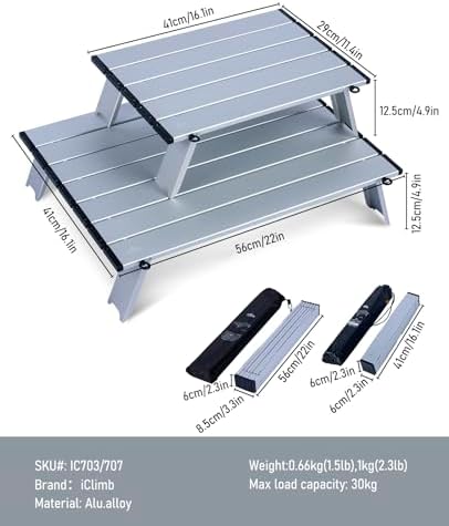 iClimb Ultralight Compact Mini Beach Picnic Folding Table with Carry Bag