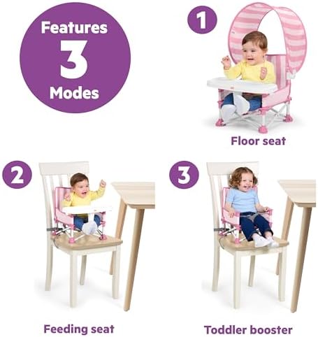 Bright Starts Pop 'N Sit Cabana Baby Beach Portable Booster Chair with UPF Canopy, Floor Seat for Indoor/Outdoor Use, Compact Fold, Pink, 6 Months–3 Years