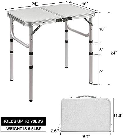 RedSwing 2ft Folding Camping Table,Small Portable Pinic Table Adjustable Height, Lightweight Aluminum Camping Table for Outdoor Indoor Hiking Camp