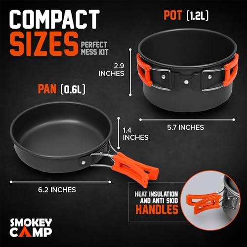 Smokey Camp Camping Cookware Mess Kit Set with Stove - Backpacking Camping Pots and Pans Set, All in One Non-Stick Camping Cooking Set, Portable Stove, Hiking, Picnic, Outdoor & Camping Cookware Set
