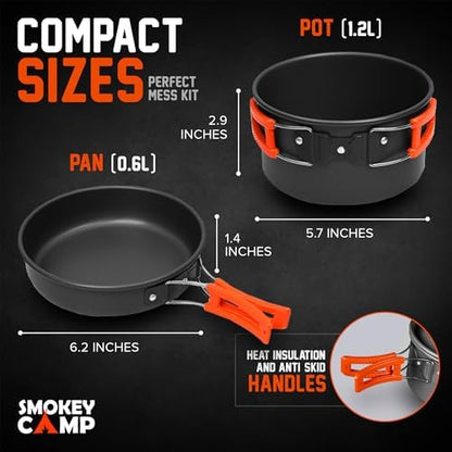 Smokey Camp Camping Cookware Mess Kit Set with Stove - Backpacking Camping Pots and Pans Set, All in One Non-Stick Camping Cooking Set, Portable Stove, Hiking, Picnic, Outdoor & Camping Cookware Set