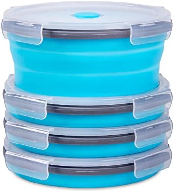 Collapsible Food Storage Containers with Airtight Lid & Vent, 40.5 oz, Kitchen Stacking Silicone Collapsible Meal Container Set for Leftover, Microwave Freezer Dishwasher Safe, Blue Round, Set of 4