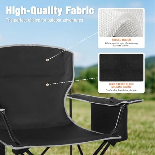 Romswi Lightweight 2Pcs Camping Chairs for Adults, Folding Lawn Chair with 4-Can Cooler Bag, Cup Holder,Collapsible Portable Outdoor Chair for Tailgating, Beach, Fishing,Black