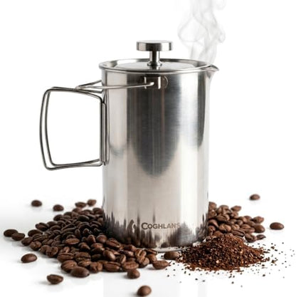 Coghlan's Stainless Steel French Press Coffee Maker – 4-Cup (32 oz), Campfire & Stovetop Safe, Portable & Durable – Fine Mesh Filter, Folding Handle, Dishwasher Safe – For Camping, Home, or Travel